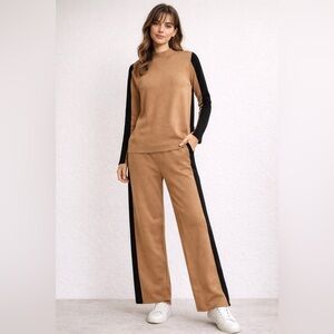 Women's Tan and Black Colorblock Pants and Top Set
